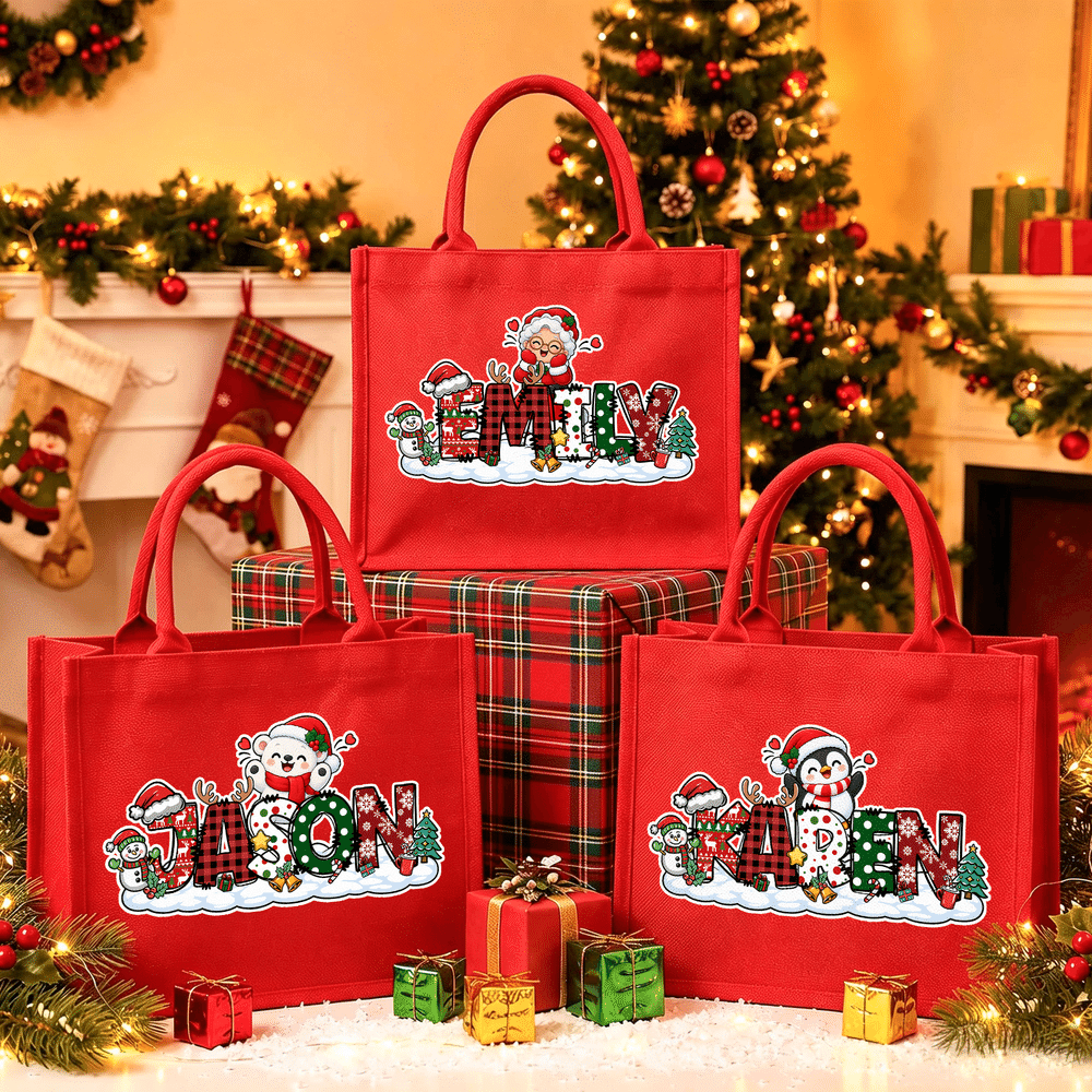Personalized Cute Santa Claus Gingerbread Man Snowman Large Capacity Red Tote Bag with Name Christmas Party Gift for Kids Family Friends 3