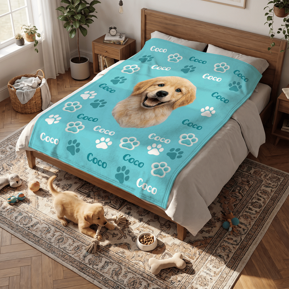 Personalized Paw Print Horseshoe Pet Photo Soft Throw Blanket with Name Home Decor Birthday Christmas Gift for Pet Lovers Owners Friends 5