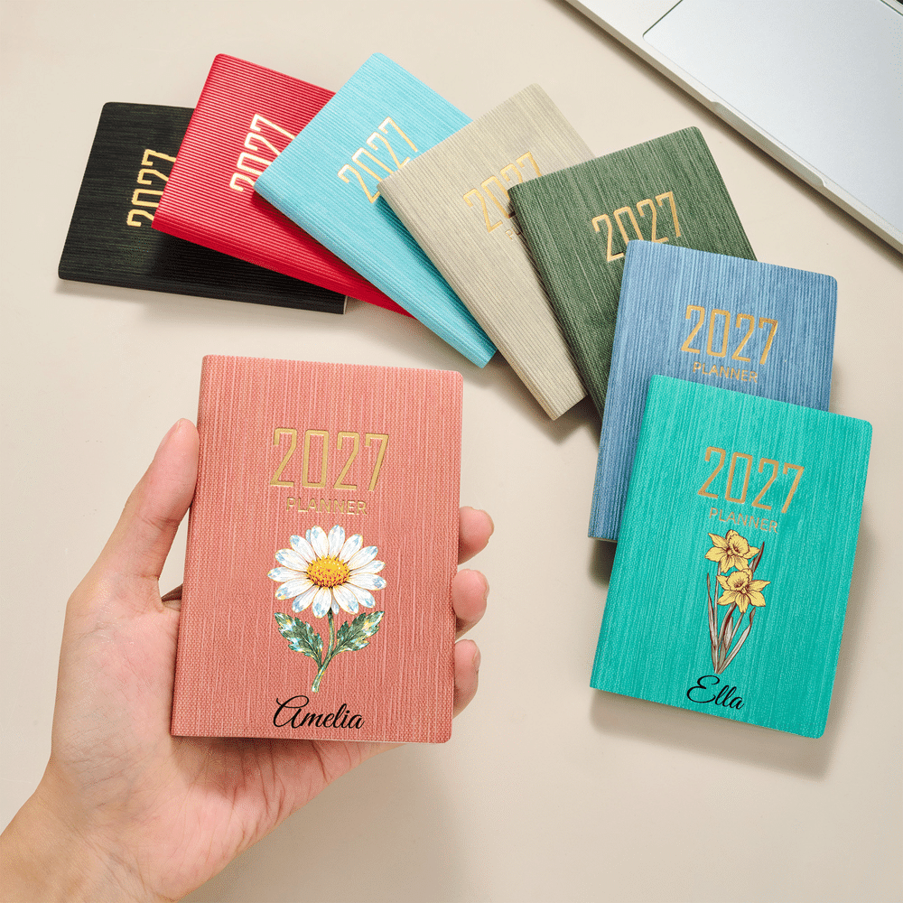 Agenda personalizada de bolsillo con la flor del mes de nacimiento para 2027, con nombre, ideal como regalo de Navidad o de cumpleaños para amigos y familiares 2