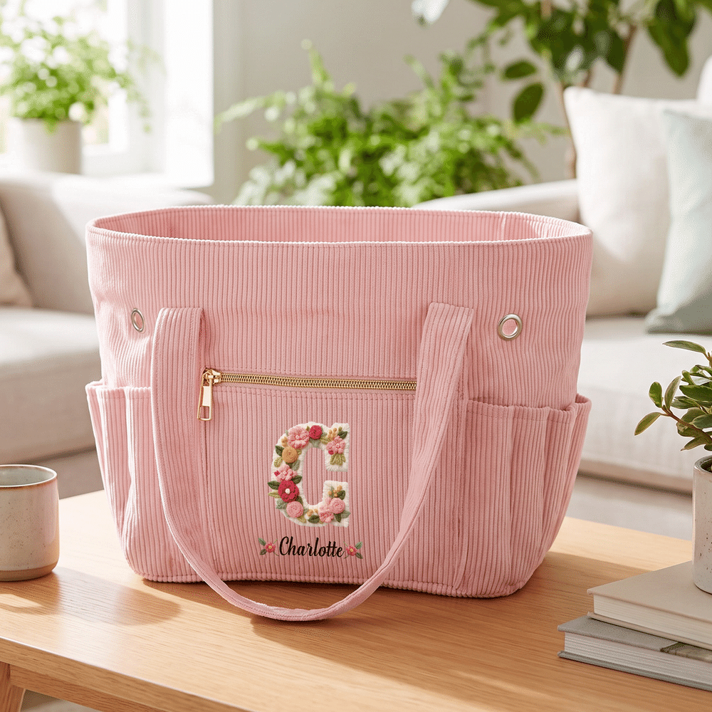 Borsa tote in velluto a coste personalizzata con iniziale floreale e ampia capienza, con nome: regalo di uso quotidiano, per compleanni e Natale, per donne appassionate di uncinetto 8