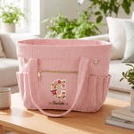 Borsa tote in velluto a coste personalizzata con iniziale floreale e ampia capienza, con nome: regalo di uso quotidiano, per compleanni e Natale, per donne appassionate di uncinetto 8