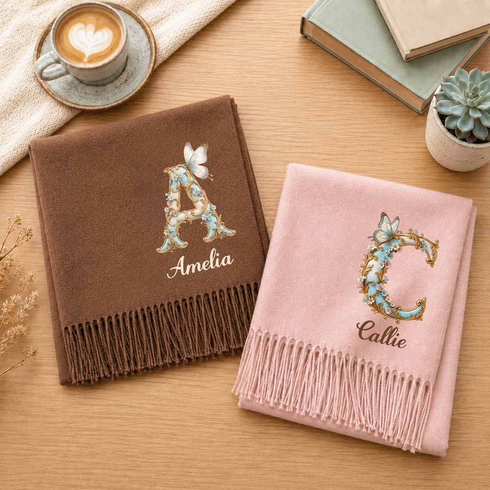 Personalised Floral Art Butterfly Initial Design Soft Warm Scarf with Name and Tassel Winter Accessory Christmas Gift for Woman 1