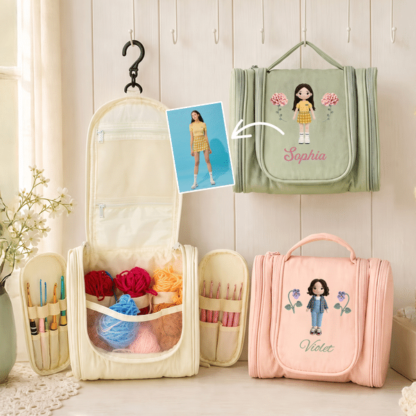Personalized Crocheted Textured Design Cartoon Photo Birth Flower Crochet Storage Bag with Name Travel Birthday Gift for Crochet Enthusiasts