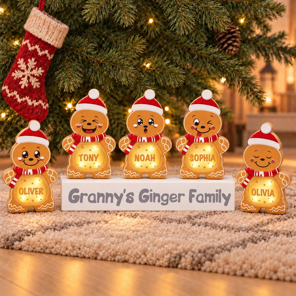 Personalized 1-14 Christmas Gingerbread Family LED Light Wooden Ornament with Name and Text Home Decor Christmas Gift for Family Grandma Mom 5