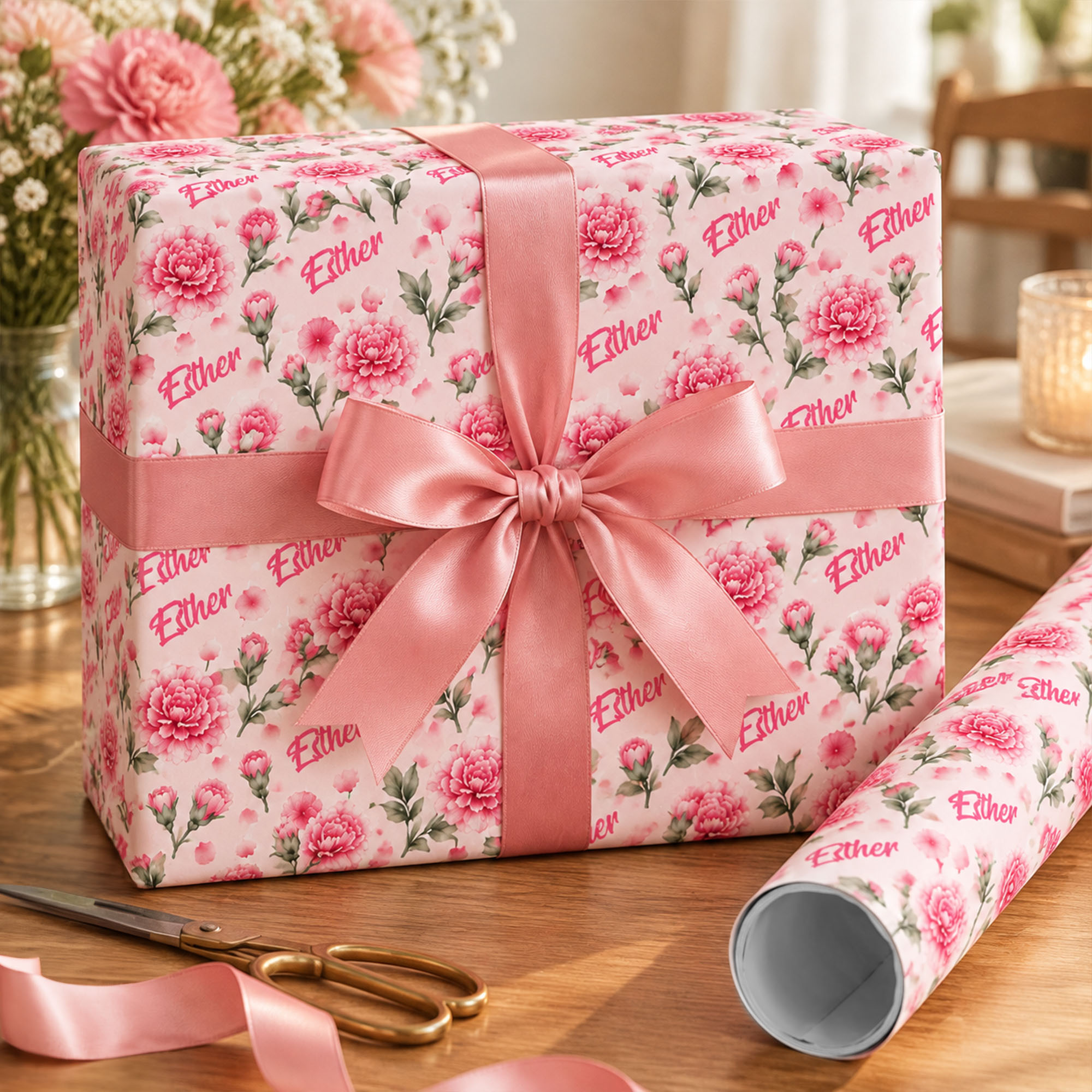 Personalized Birth Flower Wrapping Paper with Name Birthday Christmas Holiday Party Gift for Family Friends
