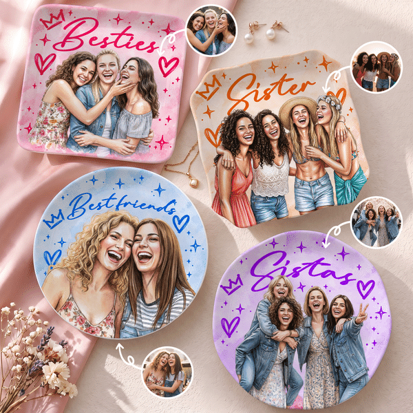 Personalized Watercolor Besties Portrait Ceramic Jewelry Dish with Text Home Decor Friendship Birthday Christmas Gift for Best Friends Sisters