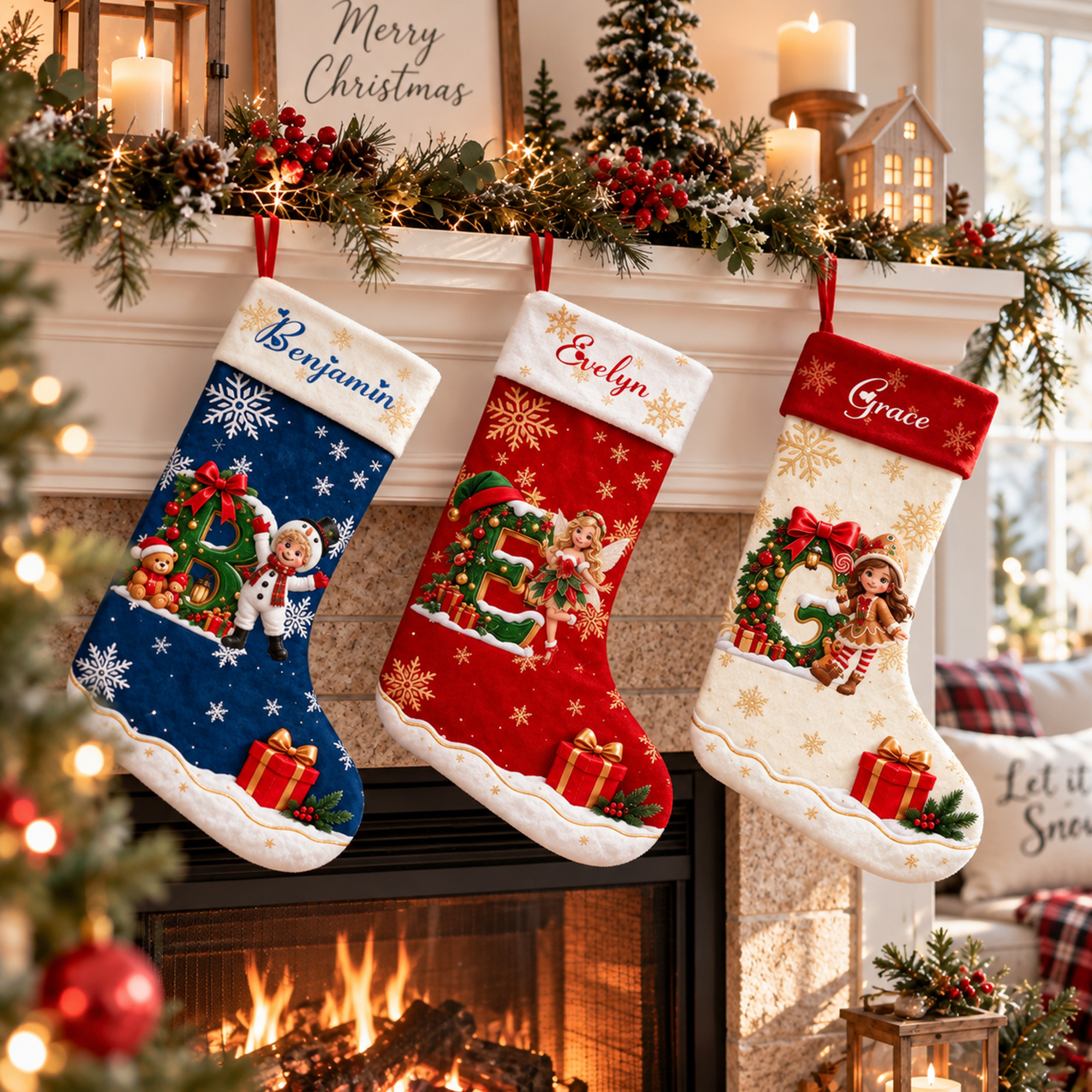 Personalized 3D-Effect Artwork Cartoon Photo Character Snowflake Christmas Stocking with Name and Initial Christmas Gift for Family Kids Friends