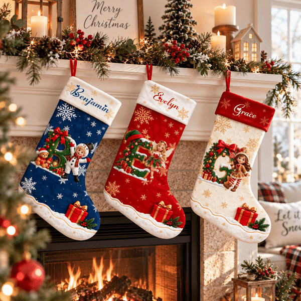 Gepersonaliseerde kerstsok met 3D-effect, cartoonfiguur en sneeuwvlok, met naam en initiaal – kerstcadeau voor familie, kinderen en vrienden
