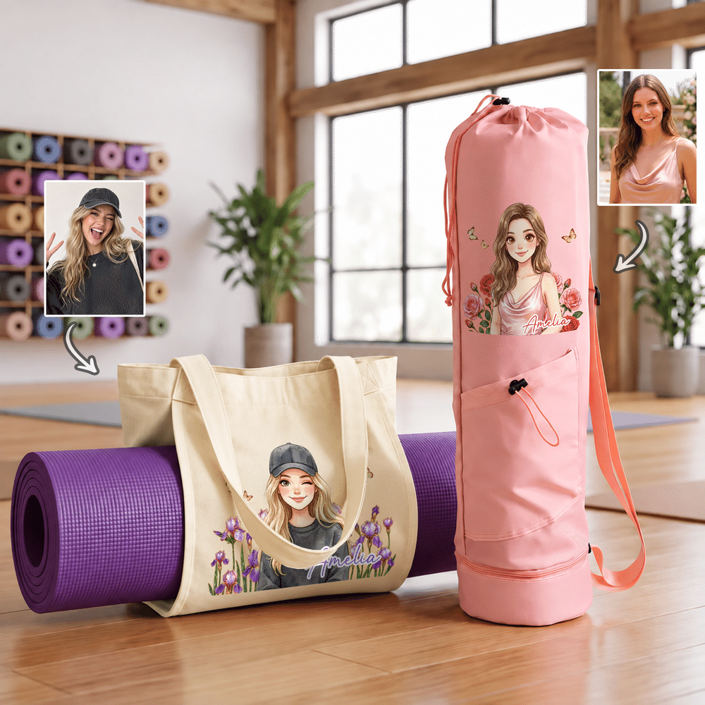 Personalized Birth Flower & Cartoon Character Photo Large Capacity Yoga Mat Bag with Name Yoga Exercise Birthday Gift for Pilates Yoga Lovers 2