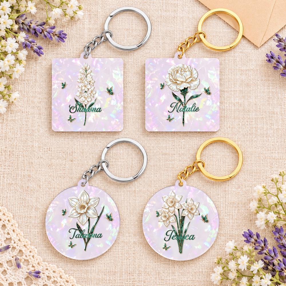 Personalized Butterfly Birth Flower Pearlescent Acrylic Round Square Keychain with Name Daily Use Birthday Gift for Besties Women 6