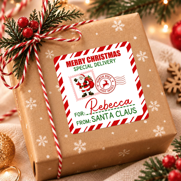 Personalized Santa Claus Special Delivery Postmark Style Stickers with Name Gift Decor Christmas Gift for Kids Family