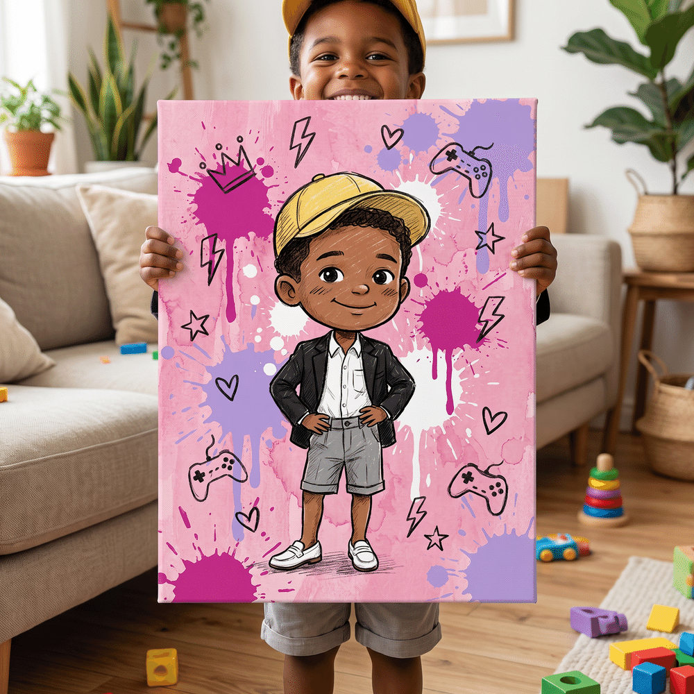 Personalisierte Q-Version-Cartoon-Leinwanddrucke mit Kinderfiguren und Namen – Wohnaccessoire und Geburtstagsgeschenk für frischgebackene Eltern 2