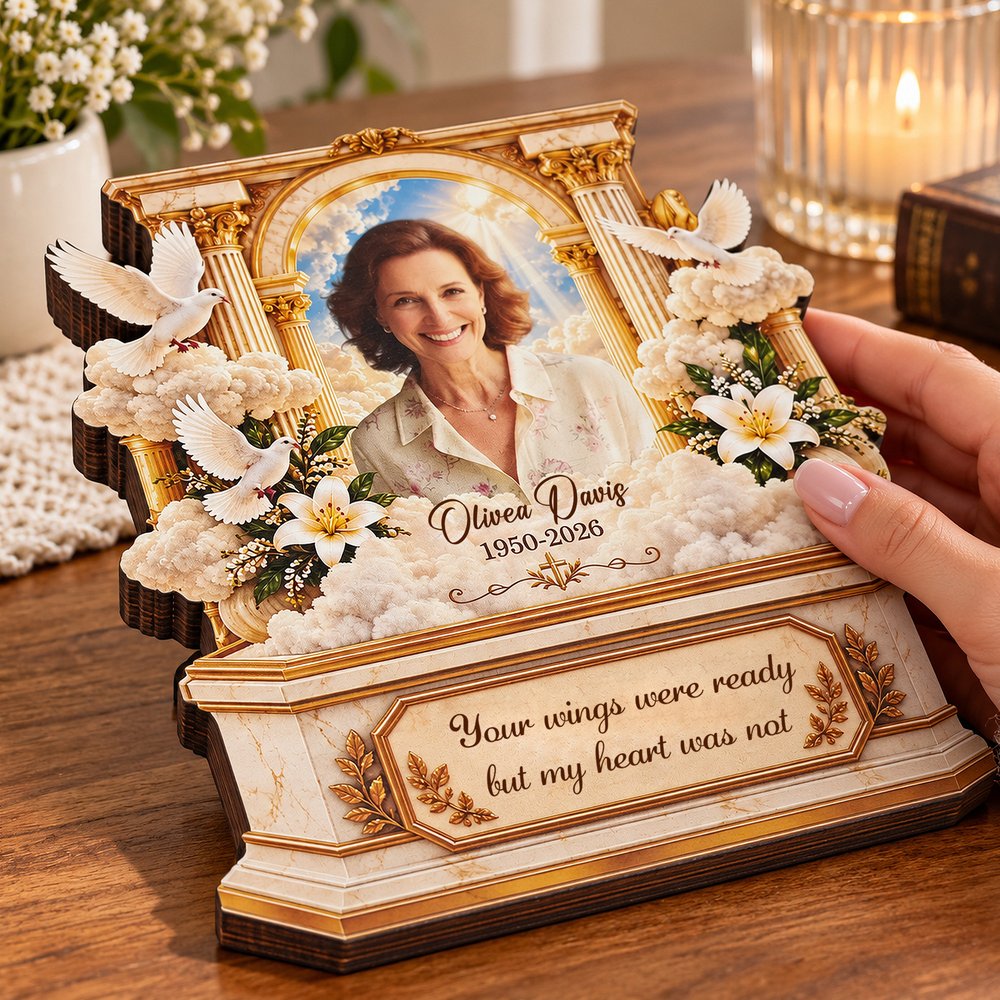 Décoration en bois superposée personnalisée de style 3D représentant une arche dorée ornée, avec photo d'art, année et texte : cadeau de condoléances pour la famille et les amis 8