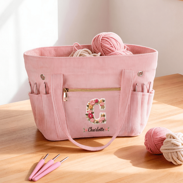 Borsa tote in velluto a coste personalizzata con iniziale floreale e ampia capienza, con nome: regalo di uso quotidiano, per compleanni e Natale, per donne appassionate di uncinetto