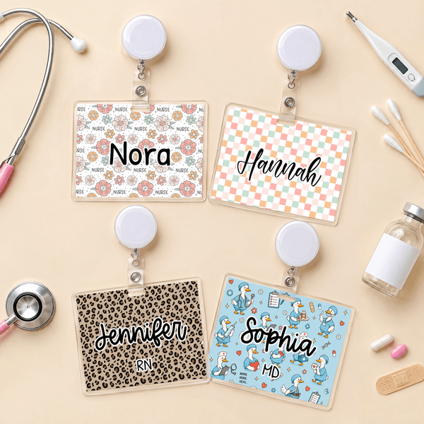Tarjeta identificativa personalizada con diseño de motivos coloridos en papel fotográfico, con nombre y profesión; regalo de cumpleaños en agradecimiento a las enfermeras para el personal sanitario