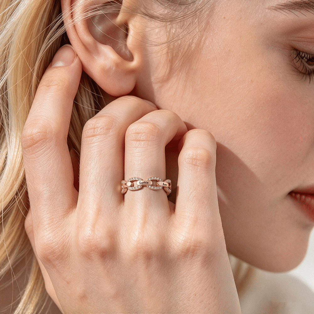 Personalized Sterling Silver Gemstone Chain Link Ring with Names Dainty Jewelry Anniversary Birthday Gift for Family Couple 7