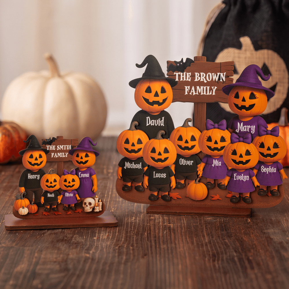 Personlig treplakett med 3D-effekt: «Jack O’ Lantern»-familien i flere lag, med navn – interiørdekorasjon og Halloween-gave til familien 2