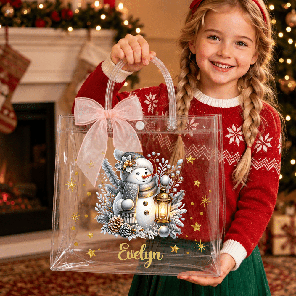 Personalized Christmas Snowman Clear Gift Bag with Name Daily Use Christmas Party Gift for Kids 4