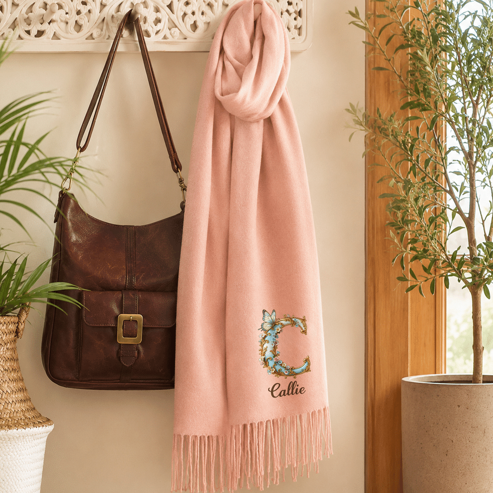 Personalised Floral Art Butterfly Initial Design Soft Warm Scarf with Name and Tassel Winter Accessory Christmas Gift for Woman 8