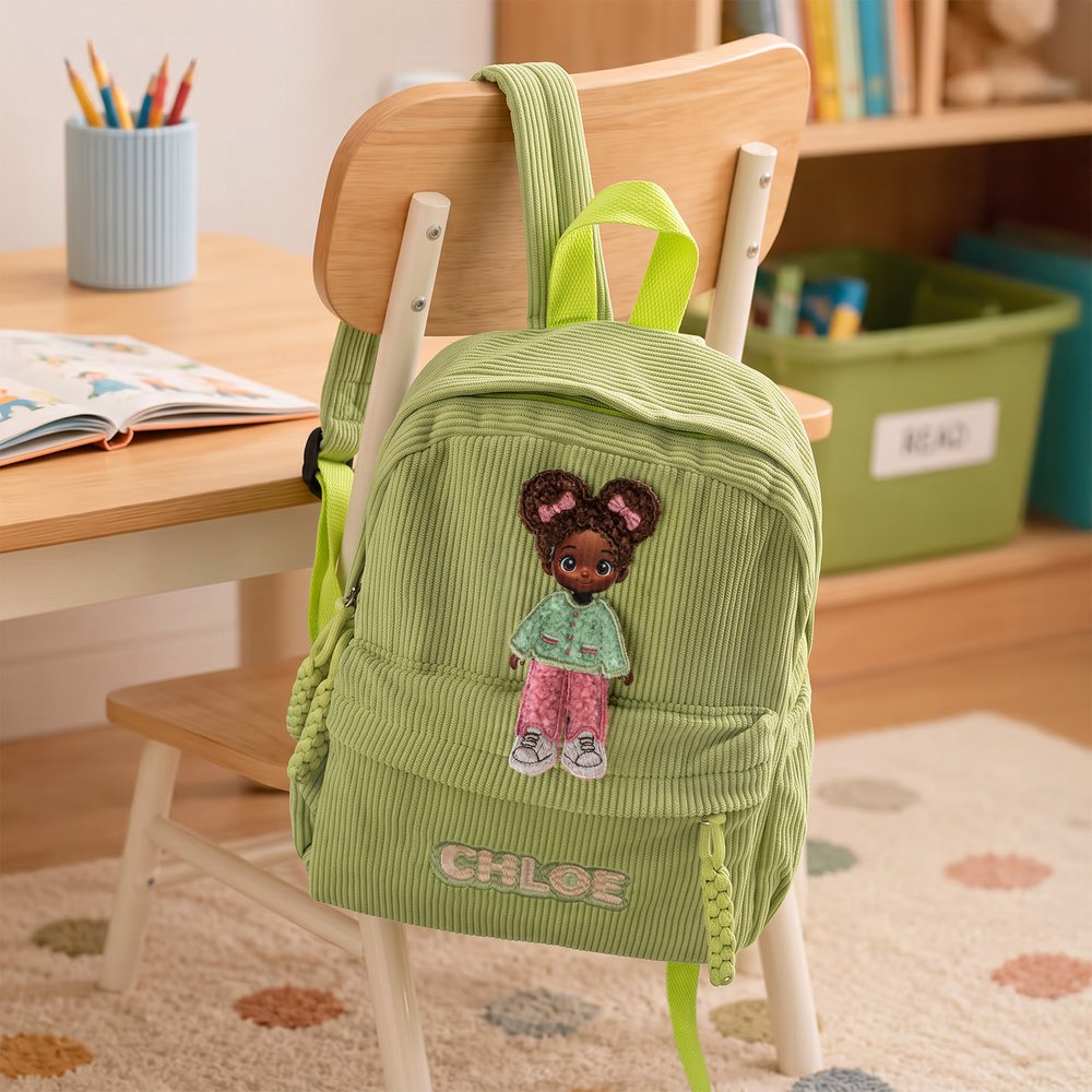 Personalised Embroidery Cartoon Character Interchangeable Outfit Corduroy School Bag with Name Christmas Gift for Girl Student 7