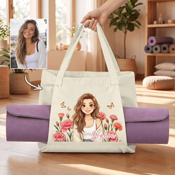 Personalized Birth Flower & Cartoon Character Photo Large Capacity Yoga Mat Bag with Name Yoga Exercise Birthday Gift for Pilates Yoga Lovers