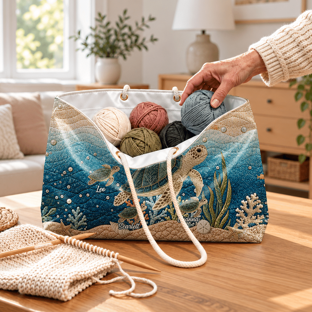 Personalised Cartoon Sea Turtle Pattern Quilted Effect Tote Bag with Title and 1-10 Names Travel Essential Birthday Gift for Woman Gran Family 5