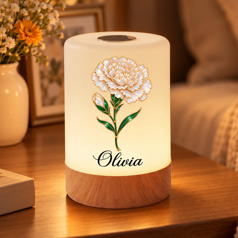 Personalised Pearlescent Gold-Trim Birth Flower Rechargeable Touch Control Night Light with Name Bedroom Decor Birthday Gift for Kids Women 1