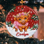Personalised Christmas Highland Cow Heart Round Ceramic Ornament with Name Tree Decor Christmas Gift for Highland Cow Lovers Family 4