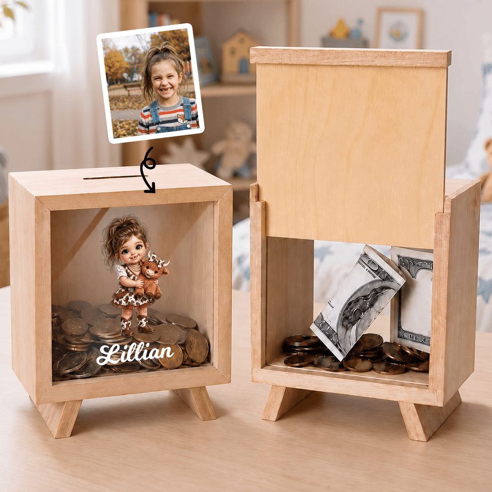 Hucha de madera personalizada con diseño de dibujos animados de vaqueros y vaqueras, con efecto 3D, con nombre, decoración de escritorio, regalo de Navidad para niños 3