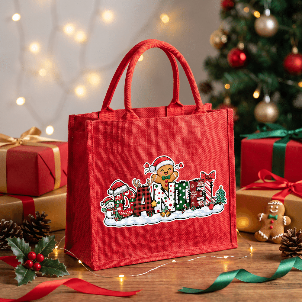 Personalized Cute Santa Claus Gingerbread Man Snowman Large Capacity Red Tote Bag with Name Christmas Party Gift for Kids Family Friends 2