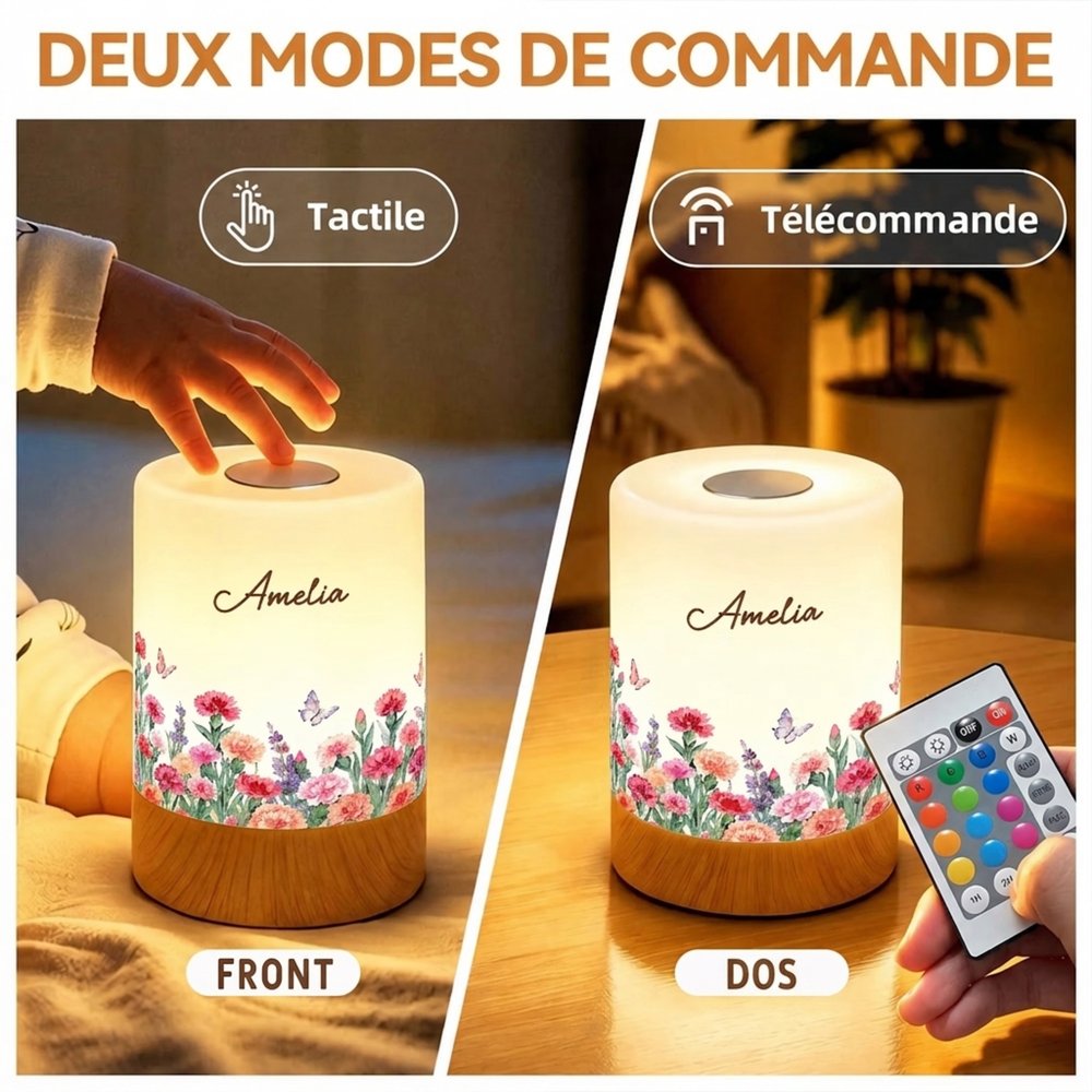 Veilleuse LED tactile personnalisée avec fleur de naissance et nom - Lumière changeable - Cadeau d'anniversaire pour les femmes la famille 4