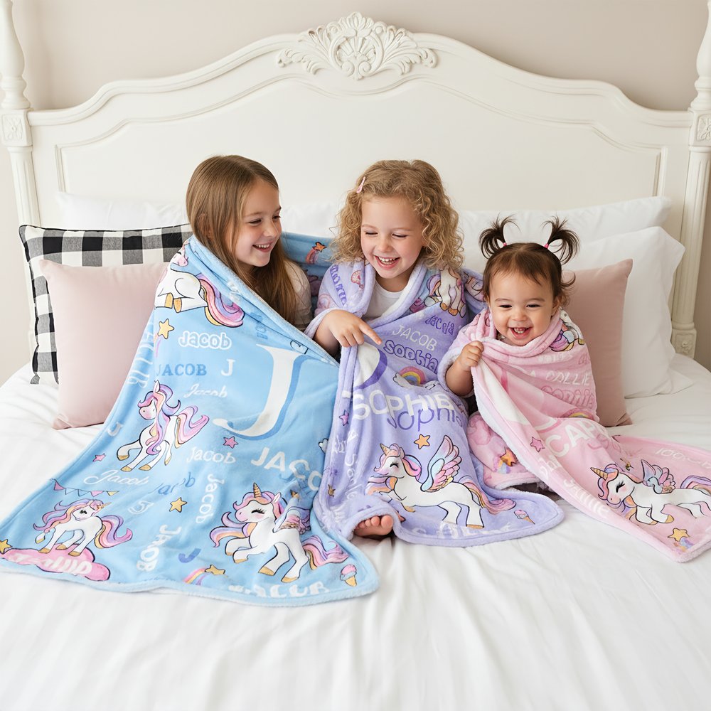 Personalised Rainbow Star Fantasy Unicorn Soft Throw Blanket with Name and Initial Home Decor Birthday Christmas Gift for Girls 5