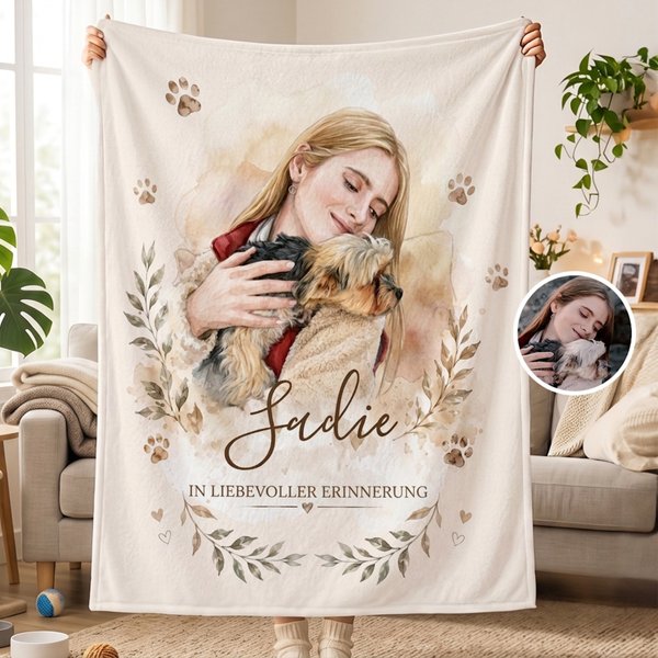 Personalisierte Kuscheldecke mit Aquarell-Haustierportrait | mit Namen & Text | Weiche Wohndecke | Trauer & Erinnerung Geschenk für Haustierbesitzer