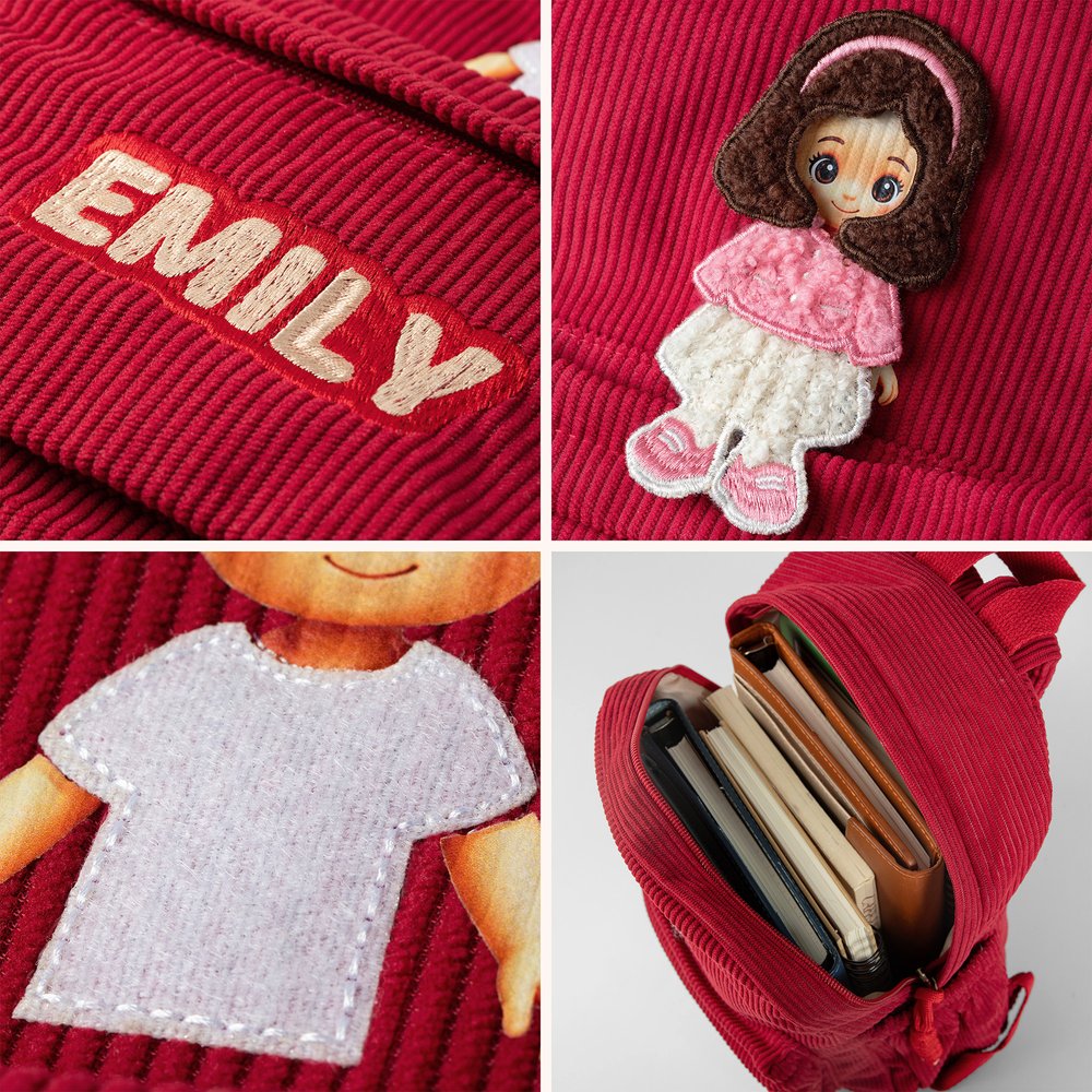 Personalised Embroidery Cartoon Character Interchangeable Outfit Corduroy School Bag with Name Christmas Gift for Girl Student 9