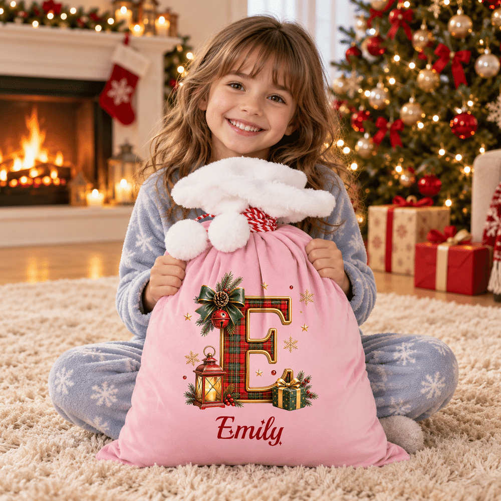 Personalized Christmas Plaid Style initial Velvet Pom-Pom Santa Sack with Name Christmas Gift for Kids Family 4