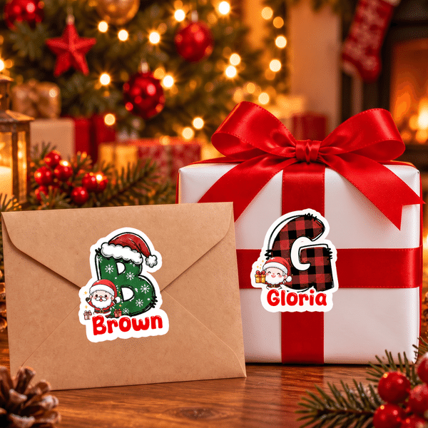 Personalized Cute Cartoon Santa Claus Initial Stickers with Name Gift Decor Christmas Party Gift for Kids Family Friends