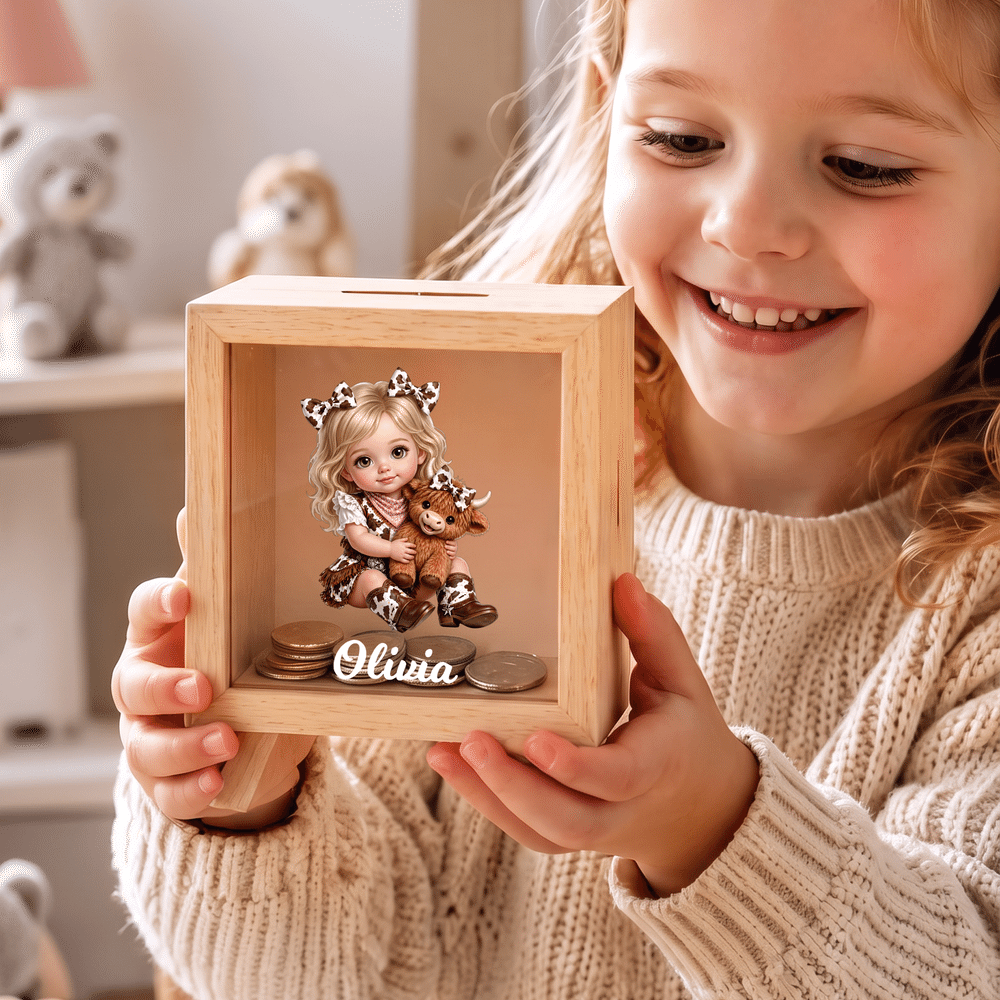 Hucha de madera personalizada con diseño de dibujos animados de vaqueros y vaqueras, con efecto 3D, con nombre, decoración de escritorio, regalo de Navidad para niños 4