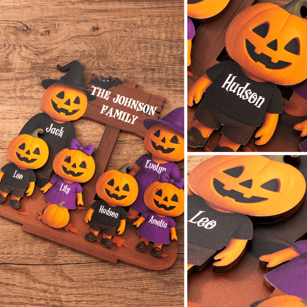 Personlig treplakett med 3D-effekt: «Jack O’ Lantern»-familien i flere lag, med navn – interiørdekorasjon og Halloween-gave til familien 7