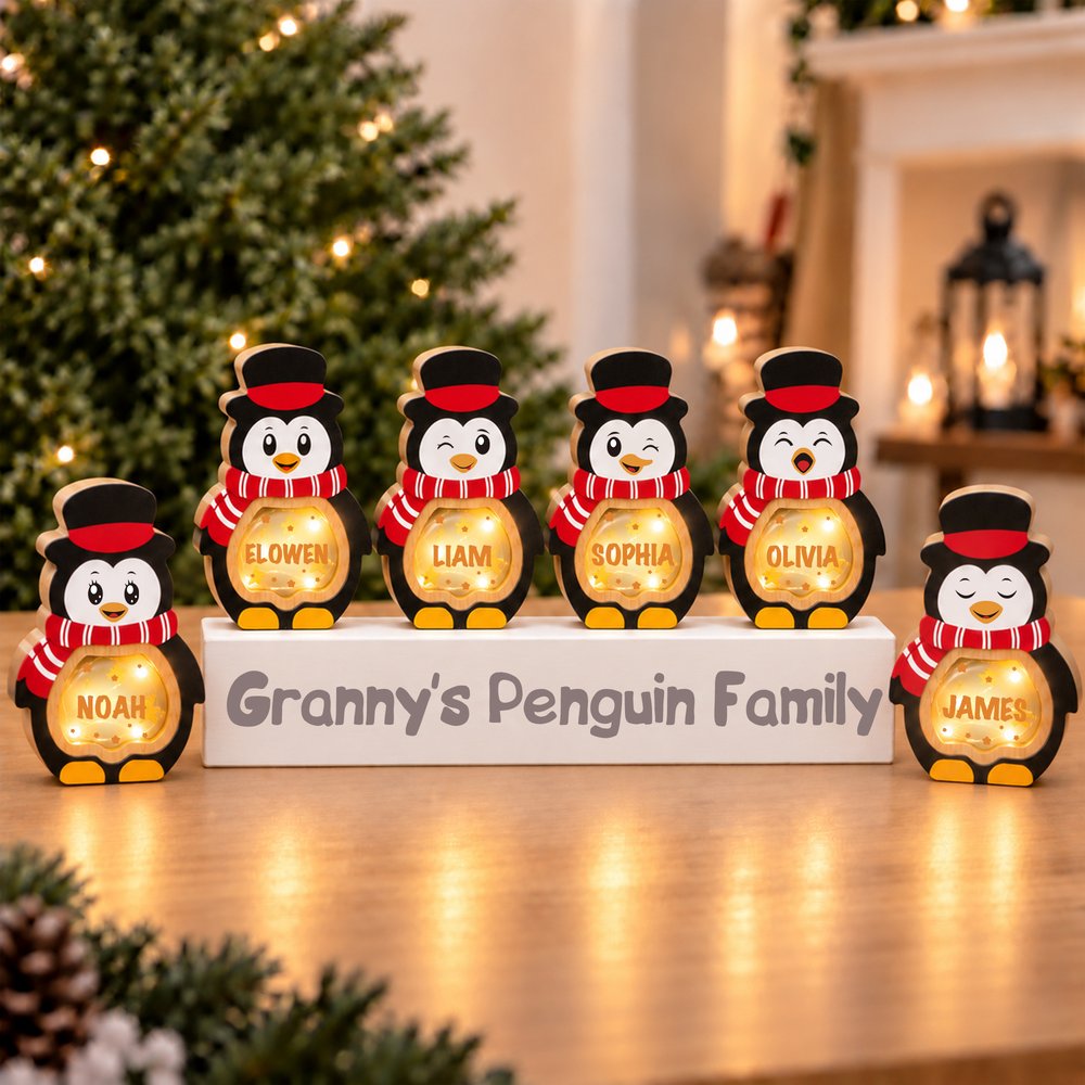 Personalized 1-14 Cartoon Penguin LED Light Wooden Christmas Ornament with Name and Text Christmas Gift for Family Kids 2