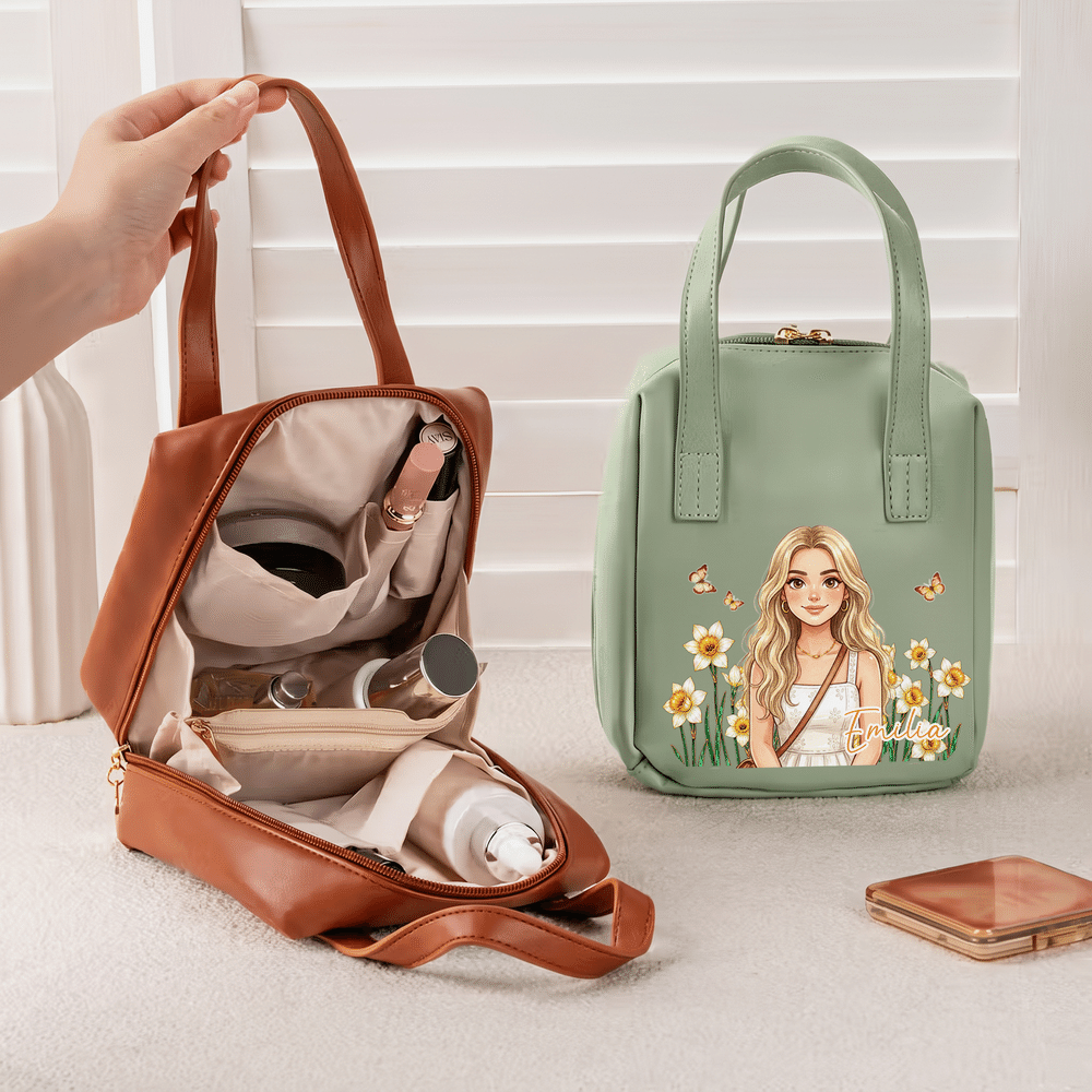 Personalised Birth Flower & Cartoon Character Photo PU Leather Makeup Bag with Name and Handle Daily Use Birthday Gift for Girls Women 2