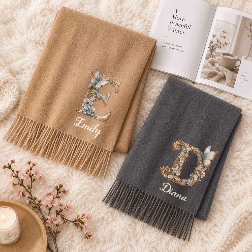 Personalised Floral Art Butterfly Initial Design Soft Warm Scarf with Name and Tassel Winter Accessory Christmas Gift for Woman 3