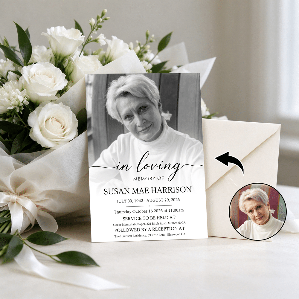 Personalized Celebration of Life Funeral Photos Invitation with Name and Text Minimalist Memorial Service Gift for Family Friends 4