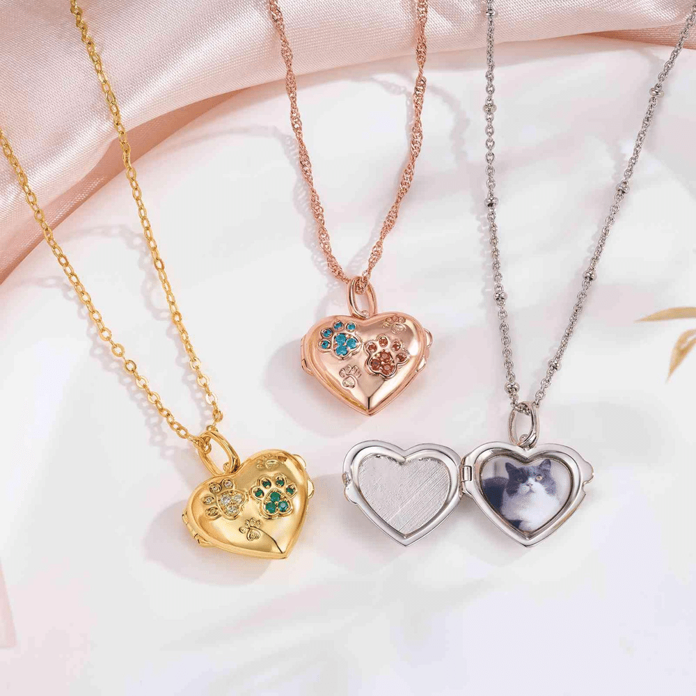 Personalized Pet Photo Paw Birthstone Heart Shaped Sterling Silver Locket Necklace Dainty Jewelry with Text Memorial Gift for Pet Owners Family 3