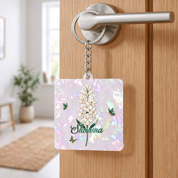 Personalized Butterfly Birth Flower Pearlescent Acrylic Round Square Keychain with Name Daily Use Birthday Gift for Besties Women