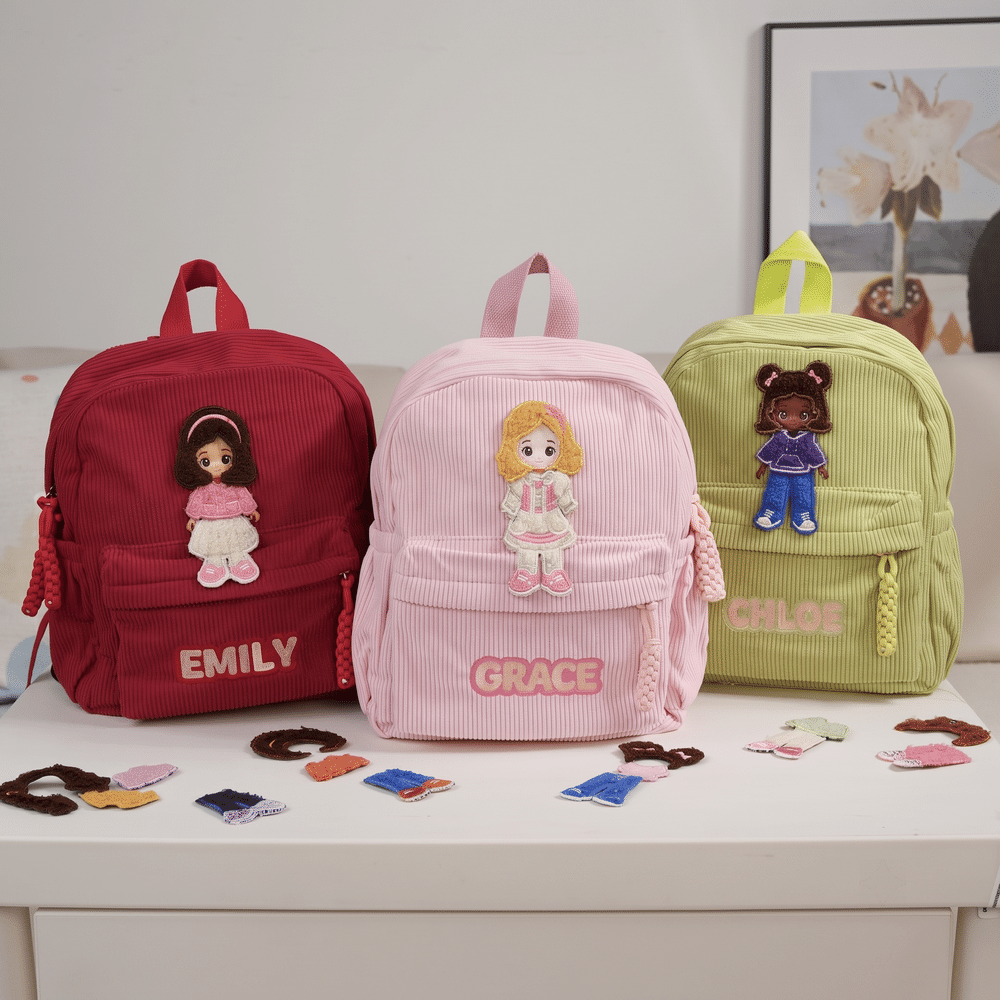 Personalised Embroidery Cartoon Character Interchangeable Outfit Corduroy School Bag with Name Christmas Gift for Girl Student 4