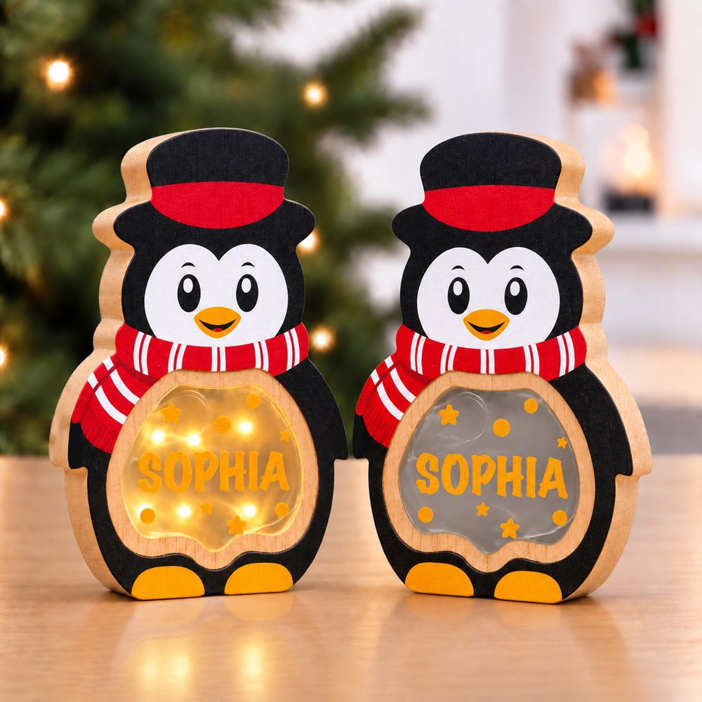 Personalized 1-14 Cartoon Penguin LED Light Wooden Christmas Ornament with Name and Text Christmas Gift for Family Kids 3