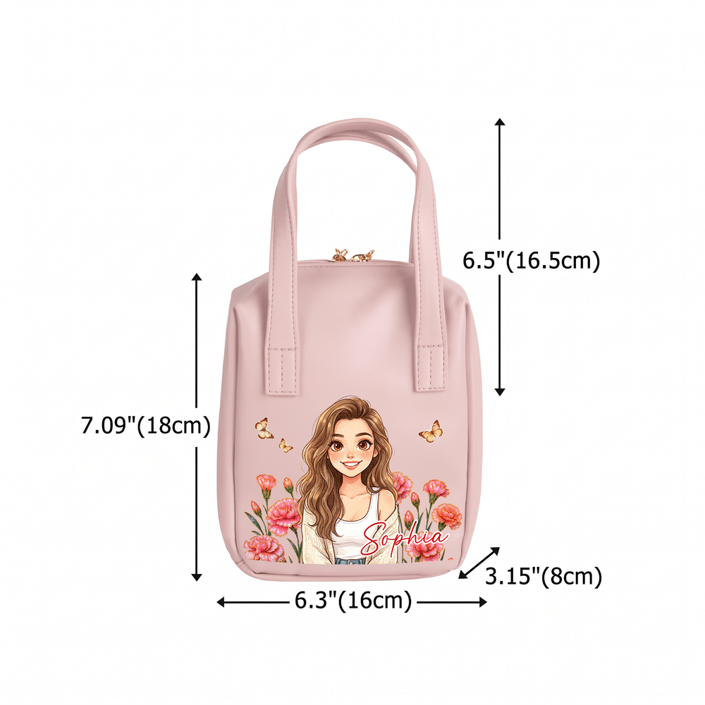 Personalised Birth Flower & Cartoon Character Photo PU Leather Makeup Bag with Name and Handle Daily Use Birthday Gift for Girls Women 10