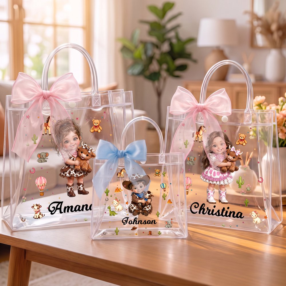 Personalized Cartoon Cowboy Cowgirl Photo Clear Gift Bag with Name and Ribbon Birthday Christmas Gift for Boys Girls 3