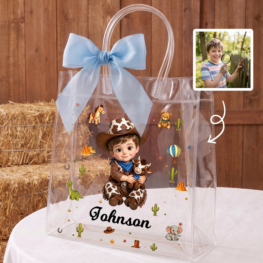 Personalized Cartoon Cowboy Cowgirl Photo Clear Gift Bag with Name and Ribbon Birthday Christmas Gift for Boys Girls 2
