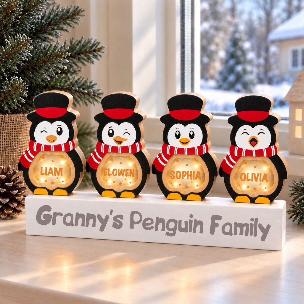 Personalized 1-14 Cartoon Penguin LED Light Wooden Christmas Ornament with Name and Text Christmas Gift for Family Kids 6